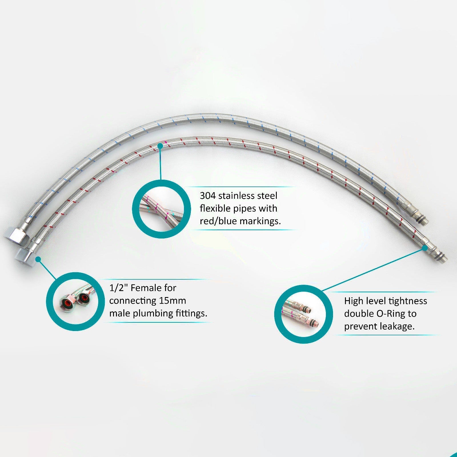 600mm Pair of G 1/2" BSP Kitchen or Basin Tap Mixer Flexi Hose Pipe Tails M10,10mm