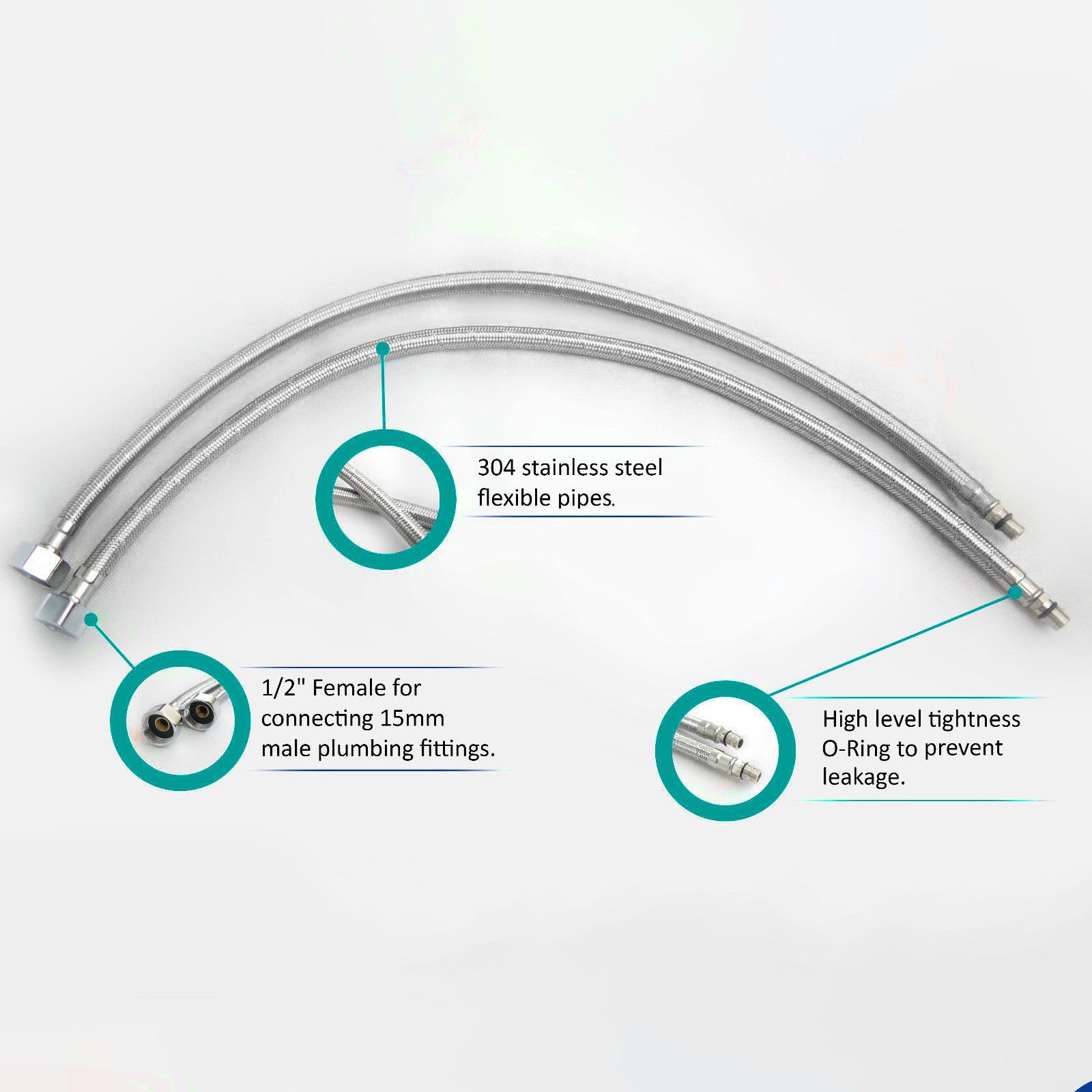 350mm Pair of G 1/2" BSP Kitchen or Basin Mixer Flexi Hose Pipe Tails M10,10mm