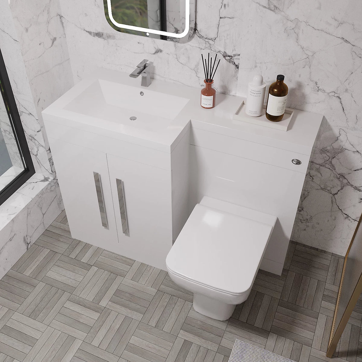 Aric White Left Hand Side 1100mm Vanity Basin Unit, WC Unit & Back To Wall Toilet