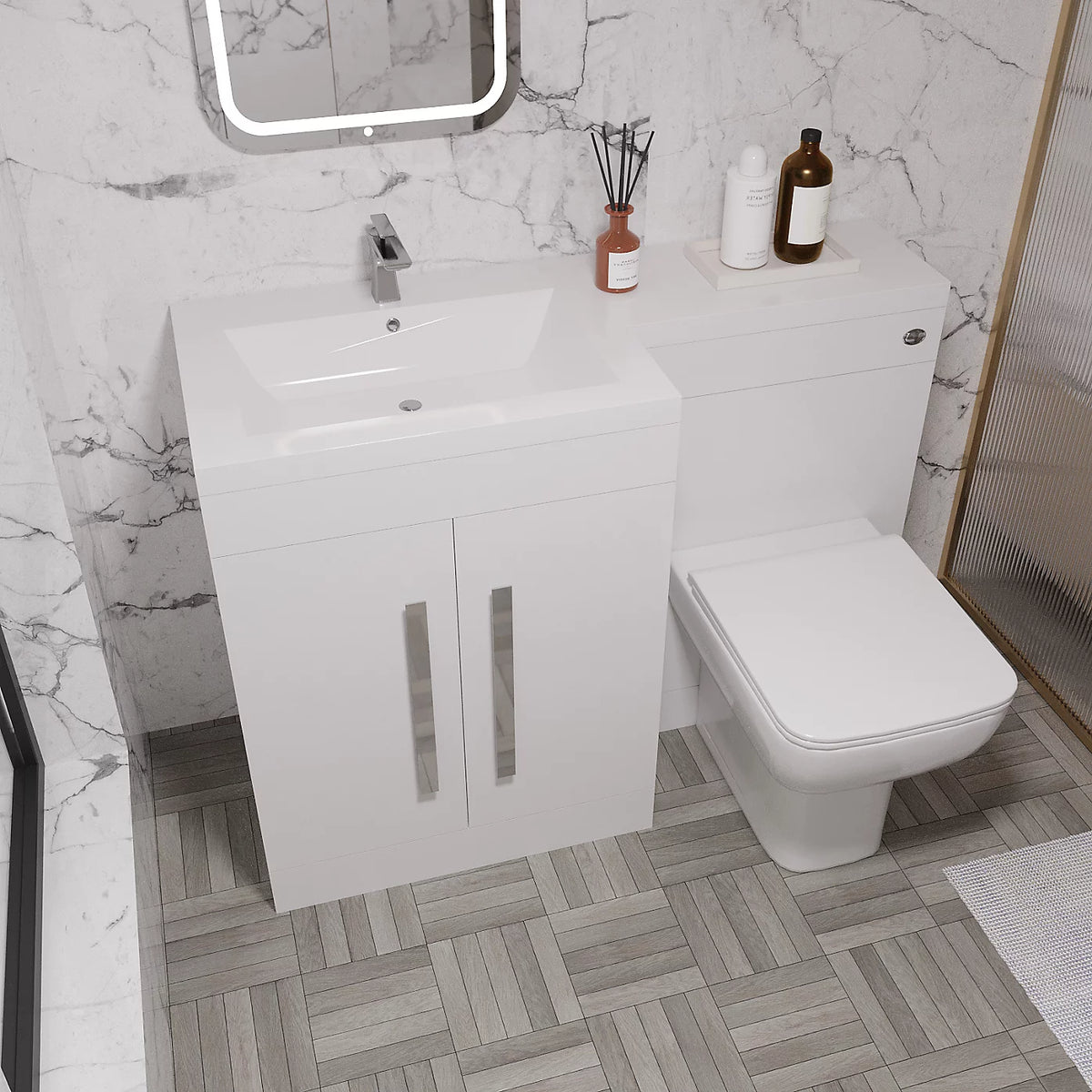 Aric White Left Hand Side 1100mm Vanity Basin Unit, WC Unit & Back To Wall Toilet