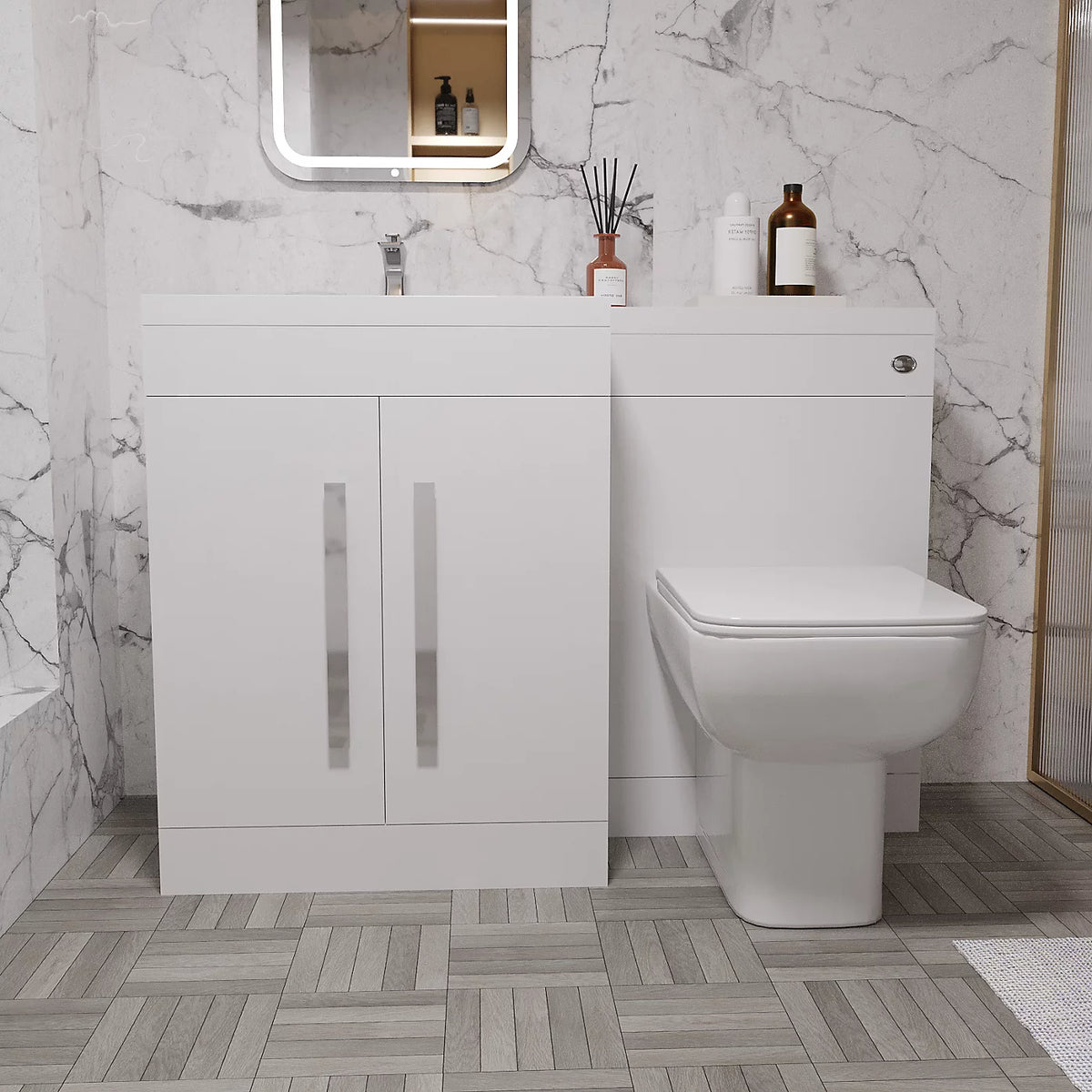 Aric White Left Hand Side 1100mm Vanity Basin Unit, WC Unit & Back To Wall Toilet
