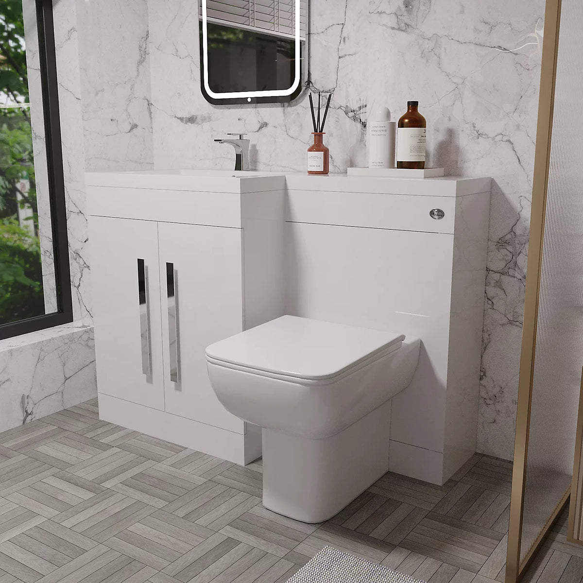 Aric White Left Hand Side 1100mm Vanity Basin Unit, WC Unit & Back To Wall Toilet