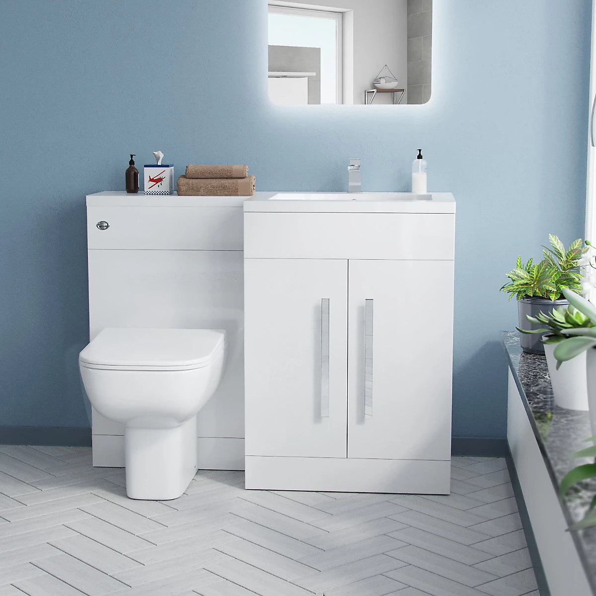 Aric 1100mm White RH Vanity Unit Basin Sink Cabinet and BTW Toilet Flat Pack