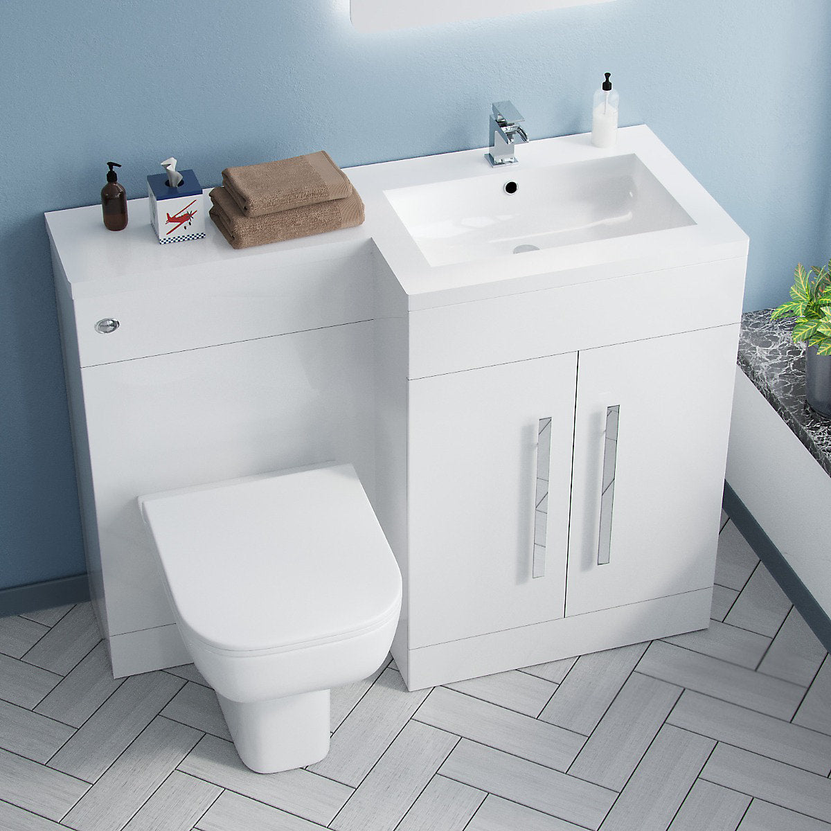 Aric 1100mm White RH Vanity Unit Basin Sink Cabinet and BTW Toilet Flat Pack
