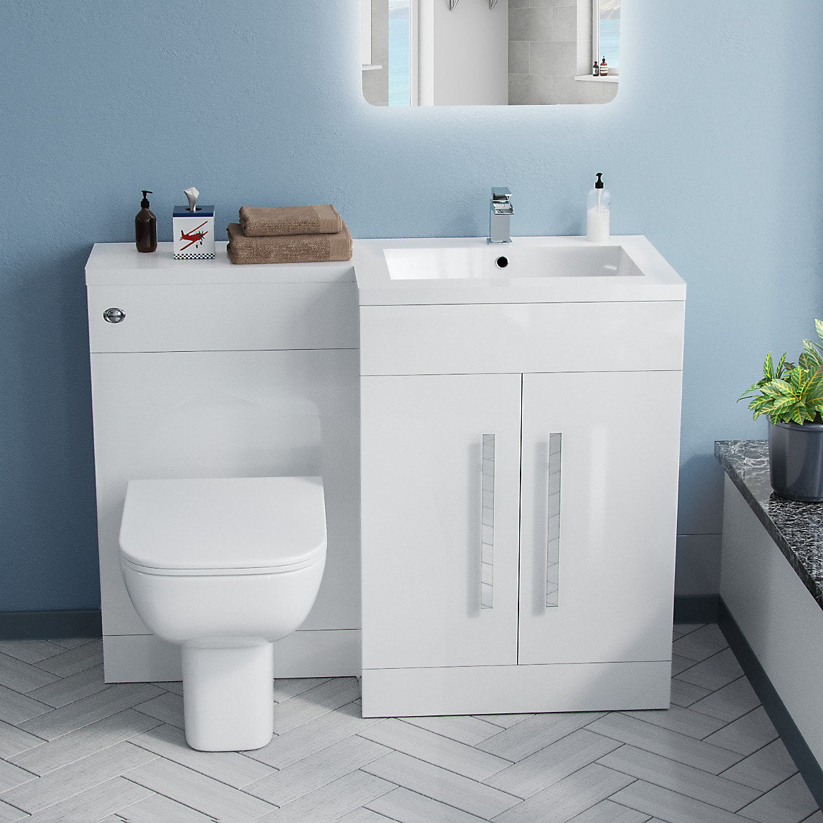 Aric 1100mm White RH Vanity Unit Basin Sink Cabinet and BTW Toilet Flat Pack