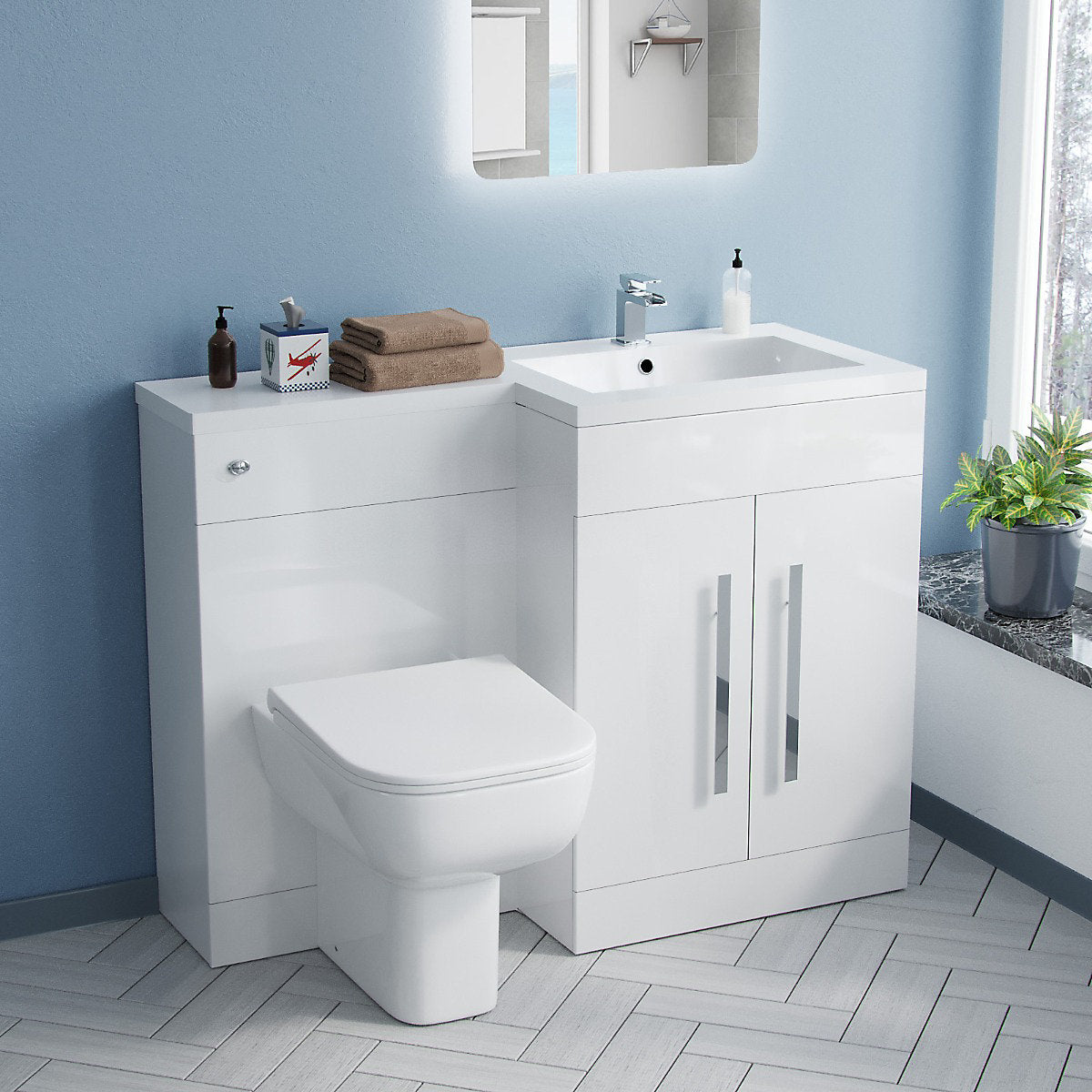 Aric 1100mm White RH Vanity Unit Basin Sink Cabinet and BTW Toilet Flat Pack