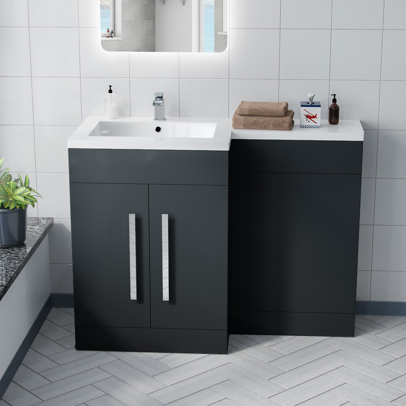 Aric Grey 1100mm LH Freestanding Vanity. WC Unit & Basin Flat Pack