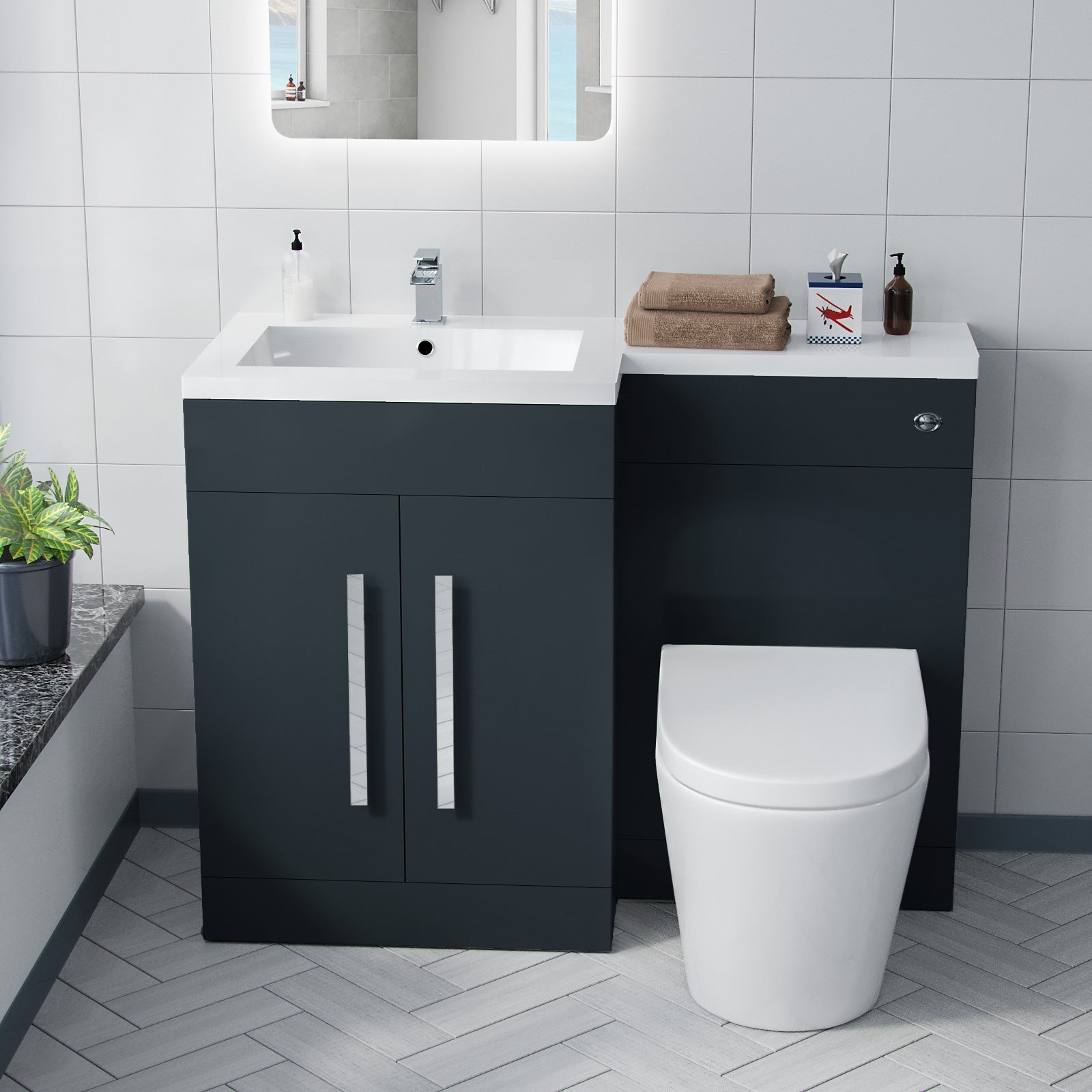Aric 1100mm LH Freestanding Grey Vanity with BTW Toilet, WC & Basin Flat Pack