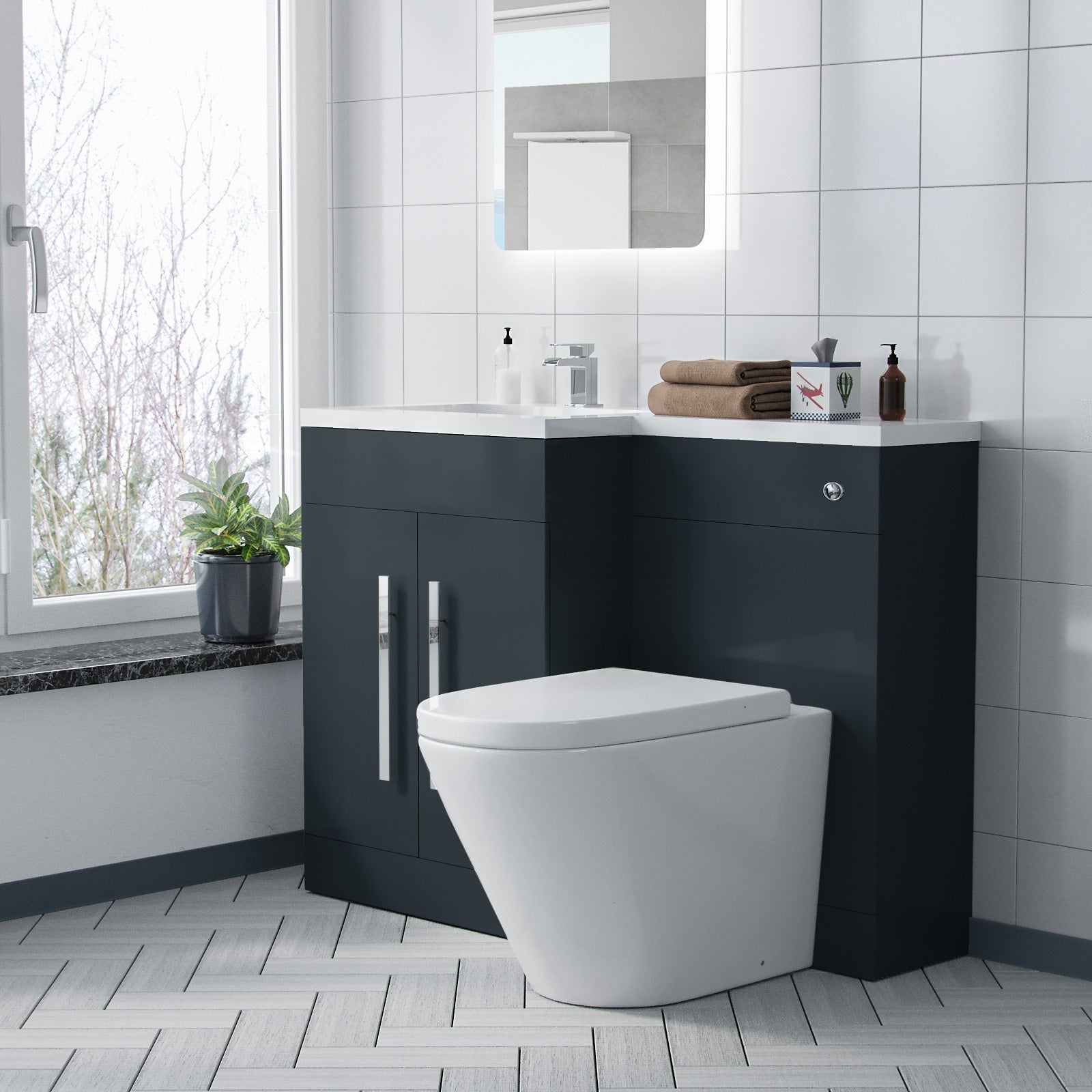 Aric 1100mm LH Freestanding Grey Vanity with BTW Toilet, WC & Basin Flat Pack