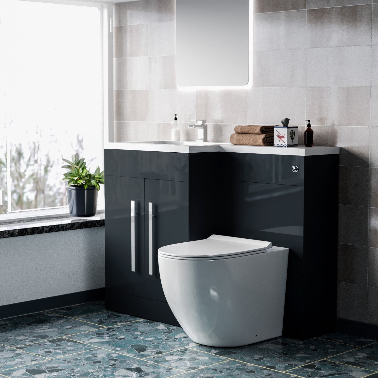 Aric 1100mm LH Freestanding Grey Vanity with BTW Toilet, WC & Basin Flat Pack