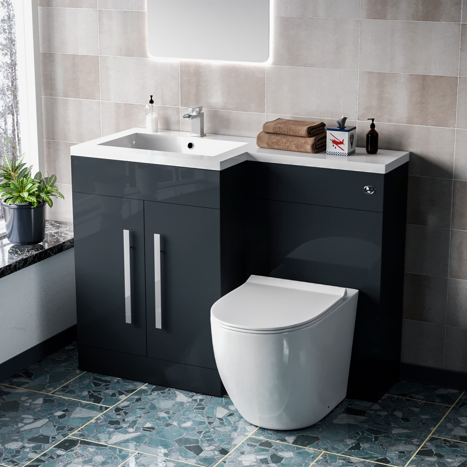 Aric 1100mm LH Freestanding Grey Vanity with BTW Toilet, WC & Basin Flat Pack