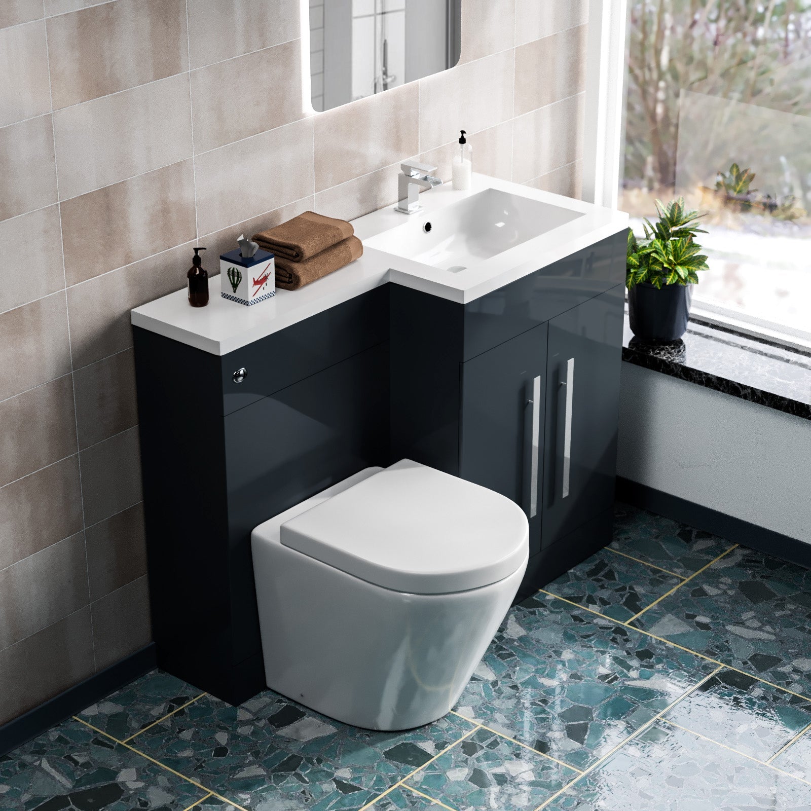 Aric 1100mm RH Freestanding Grey Vanity with BTW Rimless Toilet, WC & Basin Flat Pack