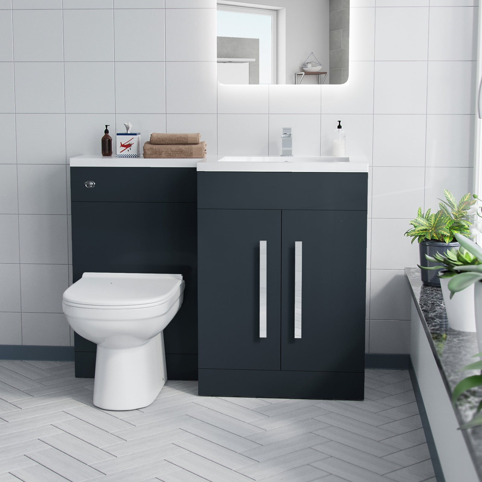Aric 1100mm RH BTW Toilet, WC Unit & Resin Basin Grey Flat Pack