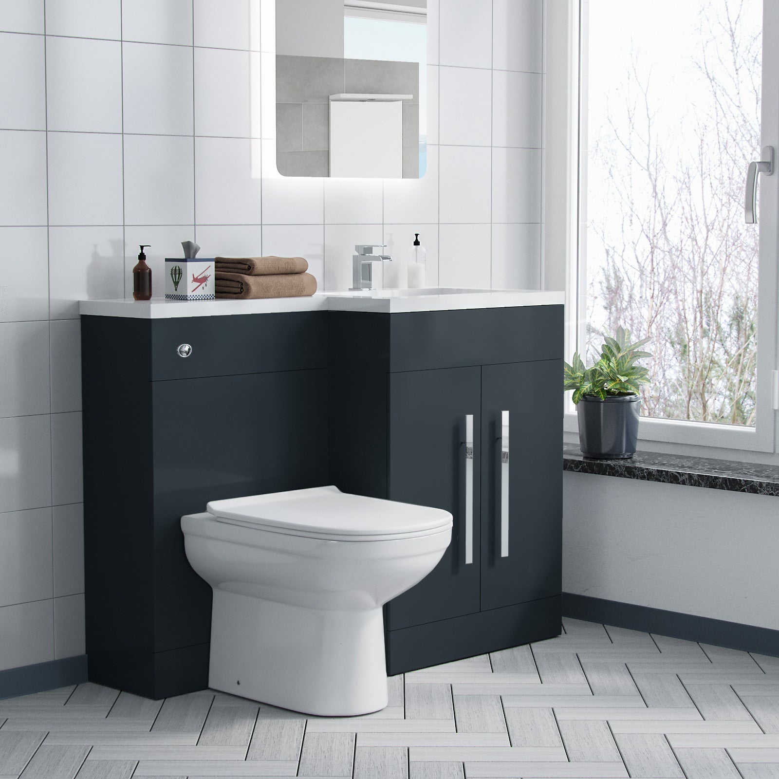 Aric 1100mm RH BTW Toilet, WC Unit & Resin Basin Grey Flat Pack