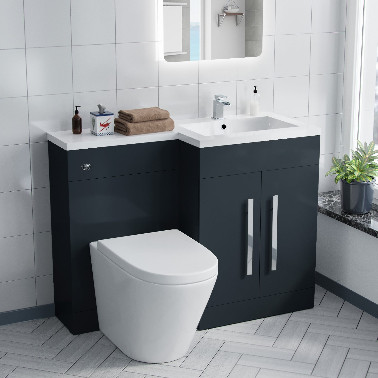 Aric 1100mm RH Freestanding Grey Vanity with BTW Toilet, WC & Basin Flat Pack