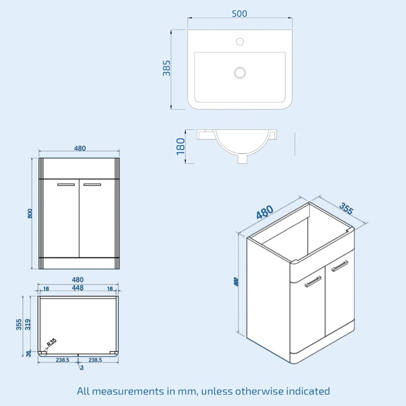 Afern 500mm White Cloakroom Freestanding Vanity with Basin & Theo Rimless Toilet & Chrome Basin Mixer Tap Set