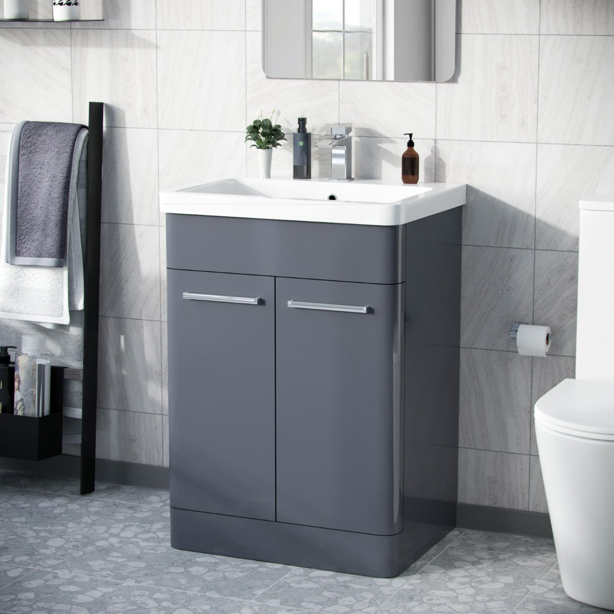 Afern 600mm Vanity Unit Cabinet and Wash Basin Steel Grey - Flat Pack