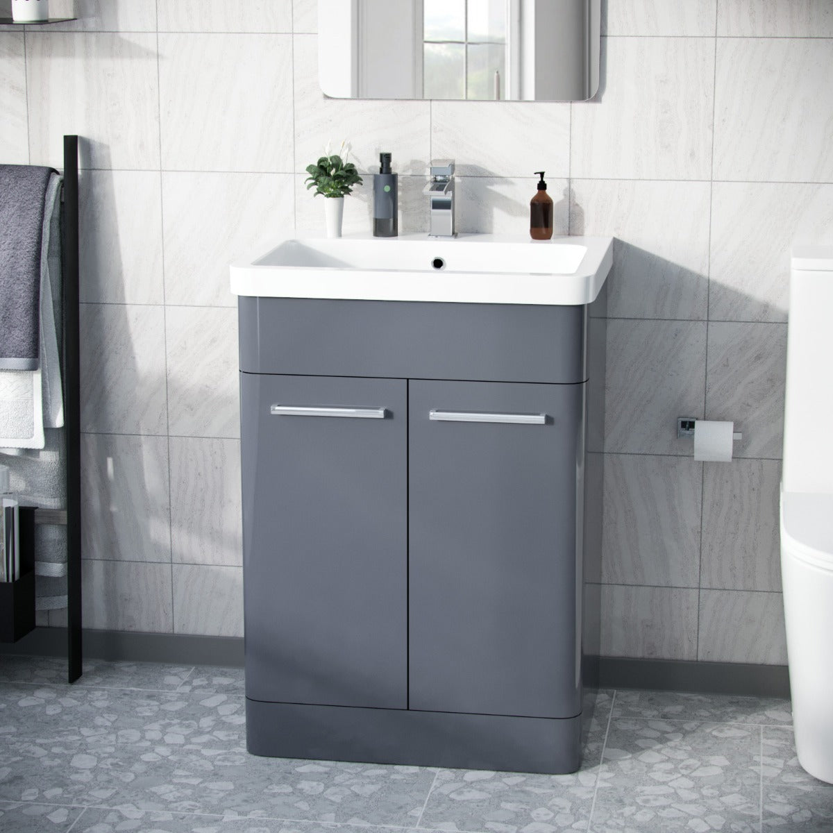 Afern 600mm Vanity Unit Cabinet and Wash Basin Steel Grey - Flat Pack