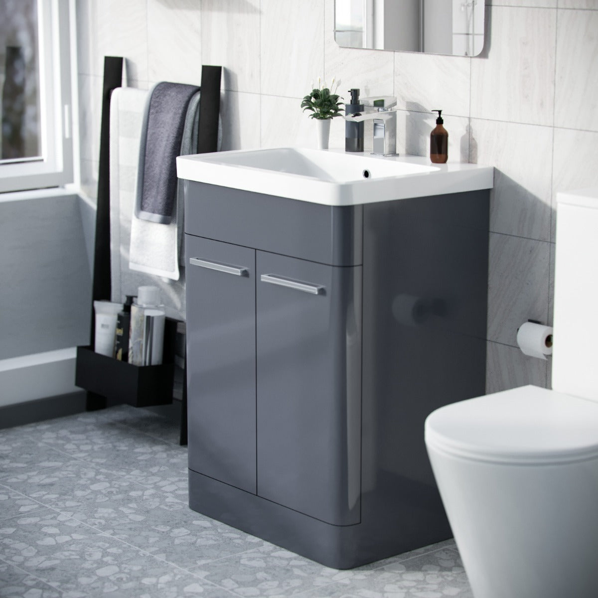 Afern 600mm Vanity Unit Cabinet and Wash Basin Steel Grey - Flat Pack