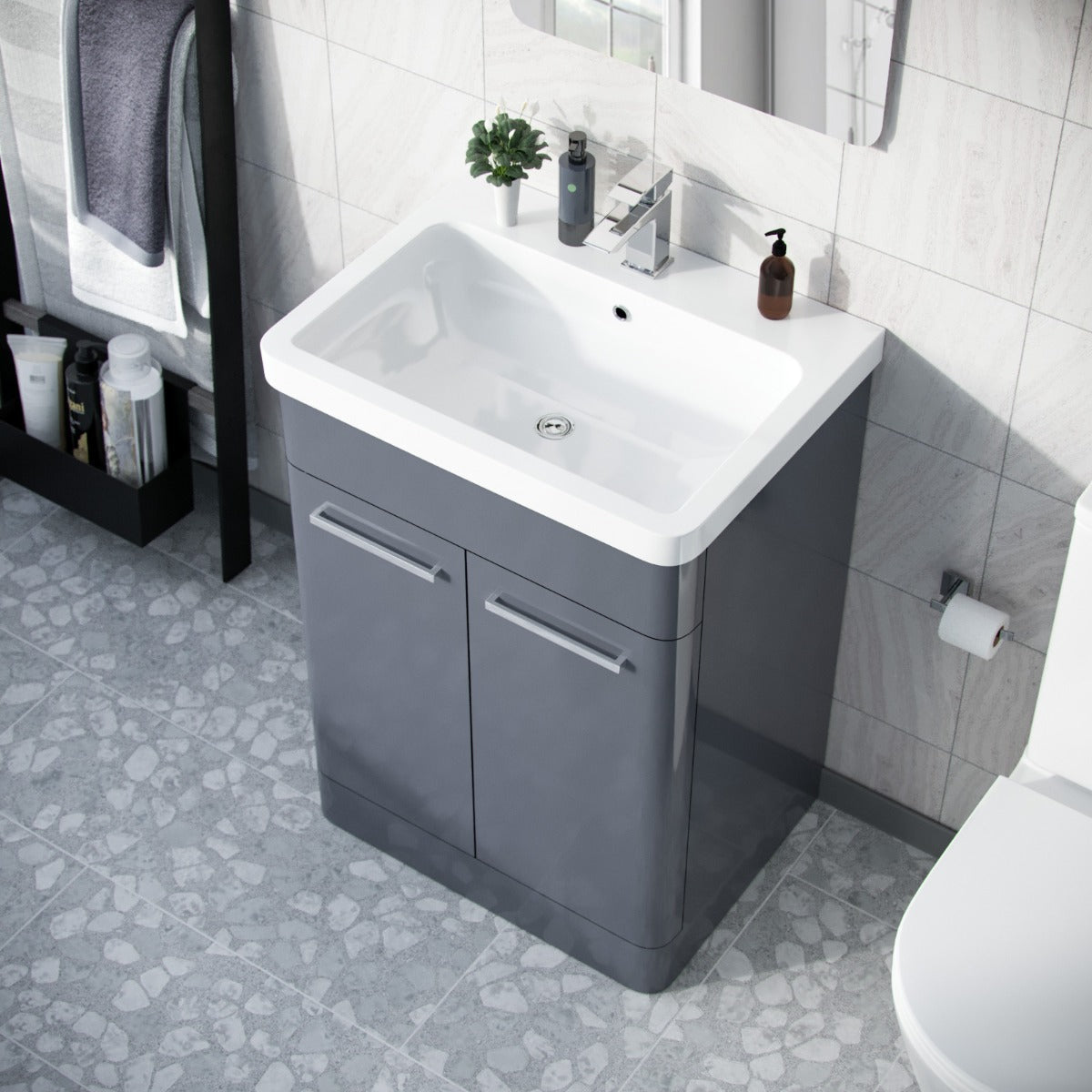 Afern 600mm Vanity Unit Cabinet and Wash Basin Steel Grey- Flat Pack