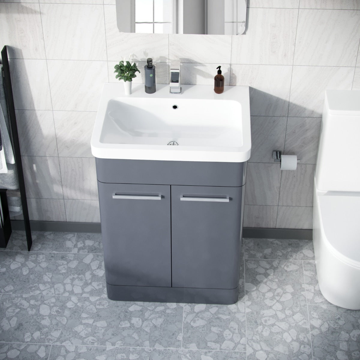 Afern 600mm Vanity Unit Cabinet and Wash Basin Steel Grey - Flat Pack