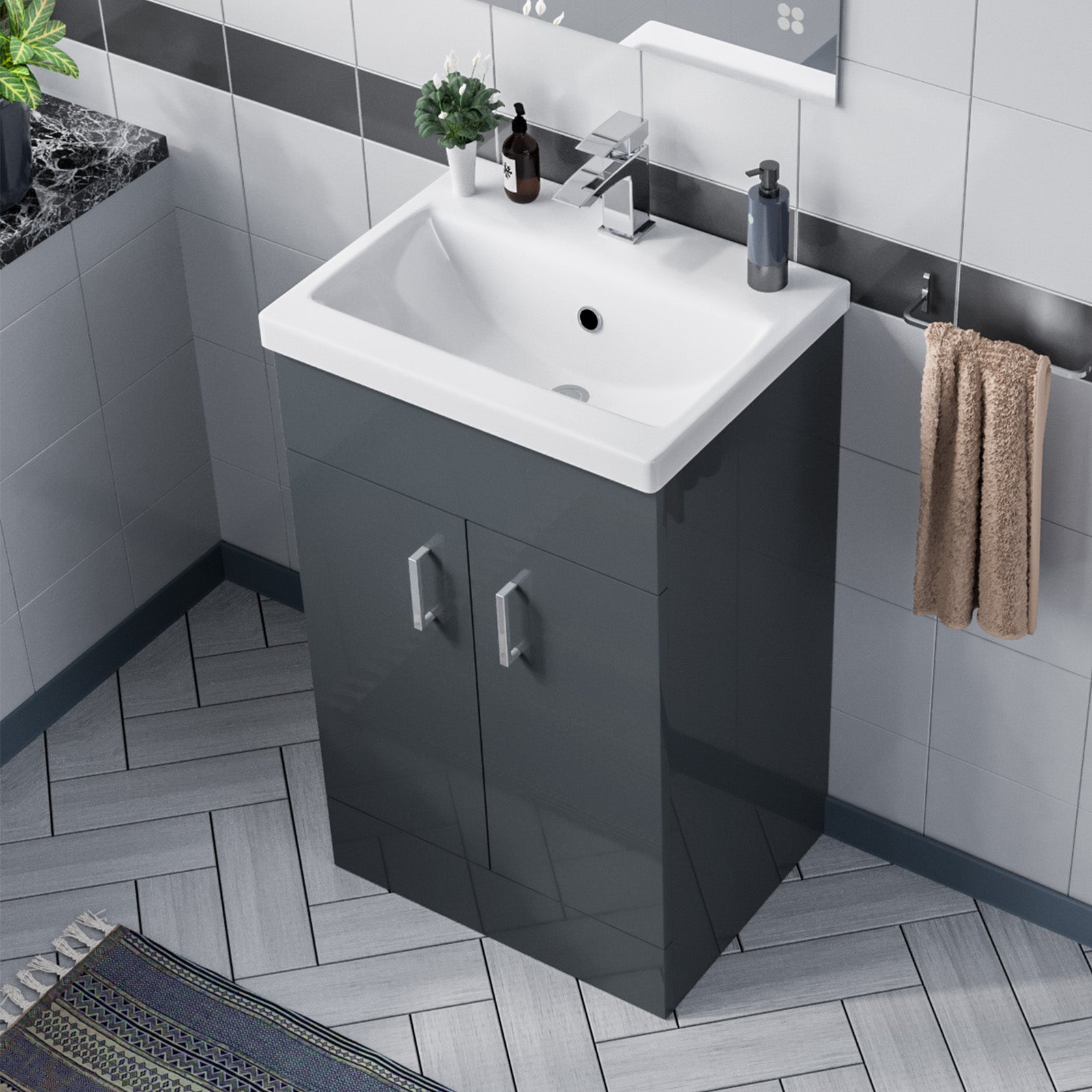 Nanuya Dark Grey 500mm Floor Standing Vanity Unit & White Basin Flat Pack