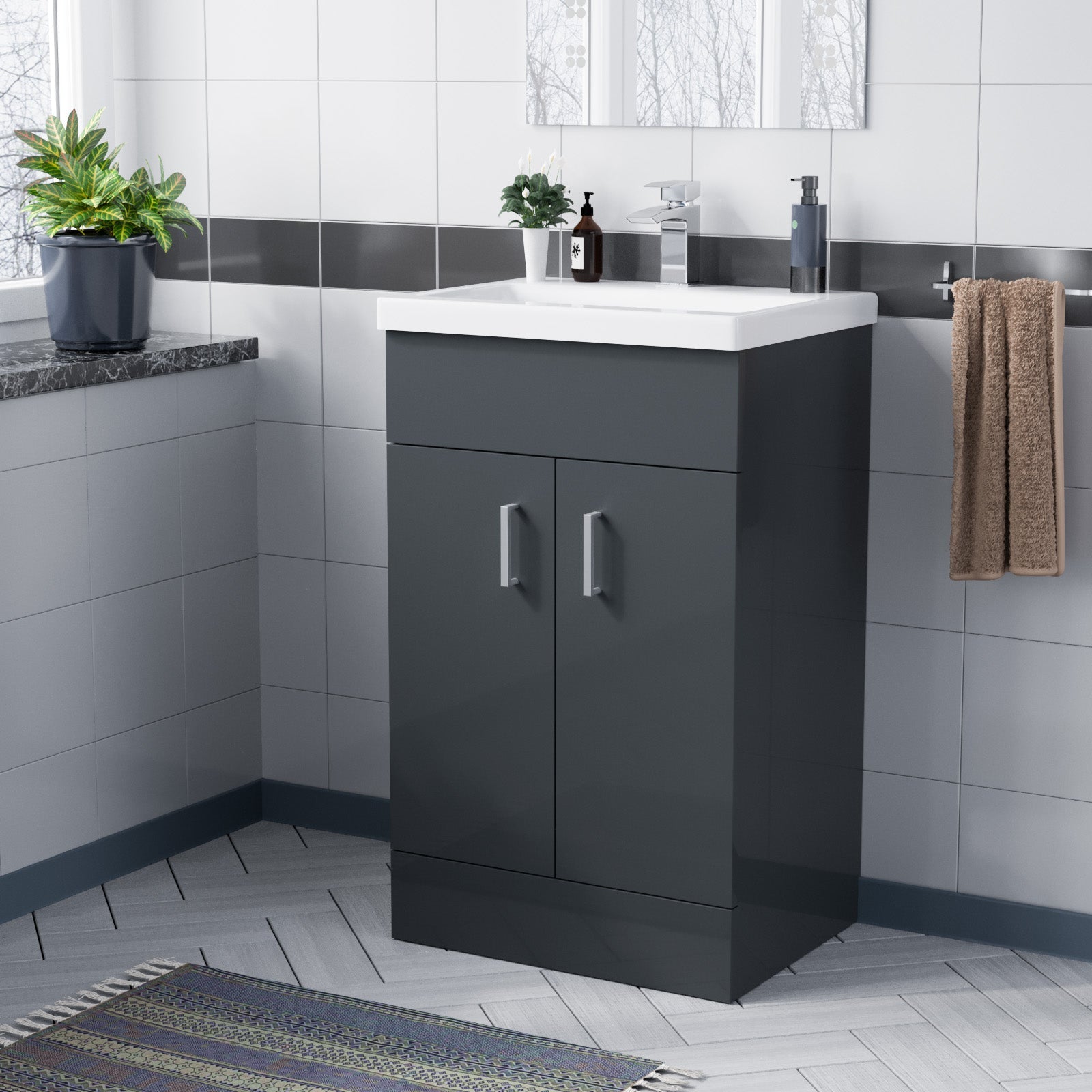 Nanuya Dark Grey 500mm Floor Standing Vanity Unit & White Basin Flat Pack