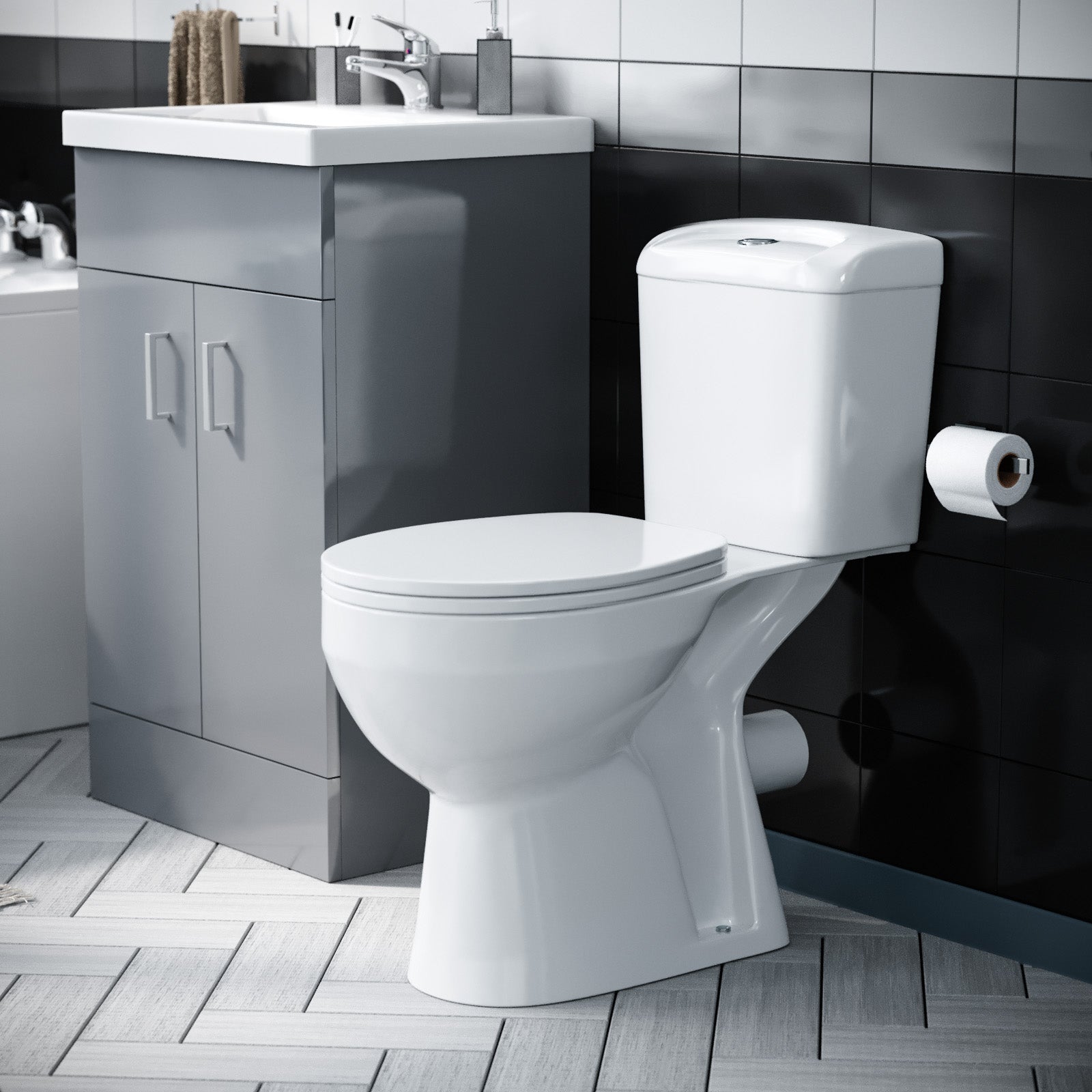 Nanuya 1700mm Bath, WC Toilet & 500 mm Grey Vanity Basin Cabinet