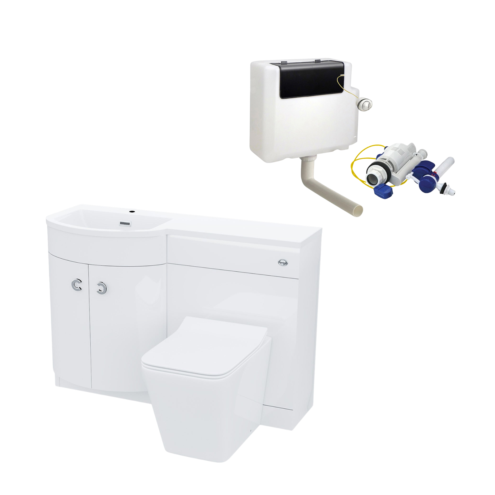 Dene 1100mm LH White Basin Vanity Flat Pack Bathroom, WC Unit, Rimless BTW Toilet