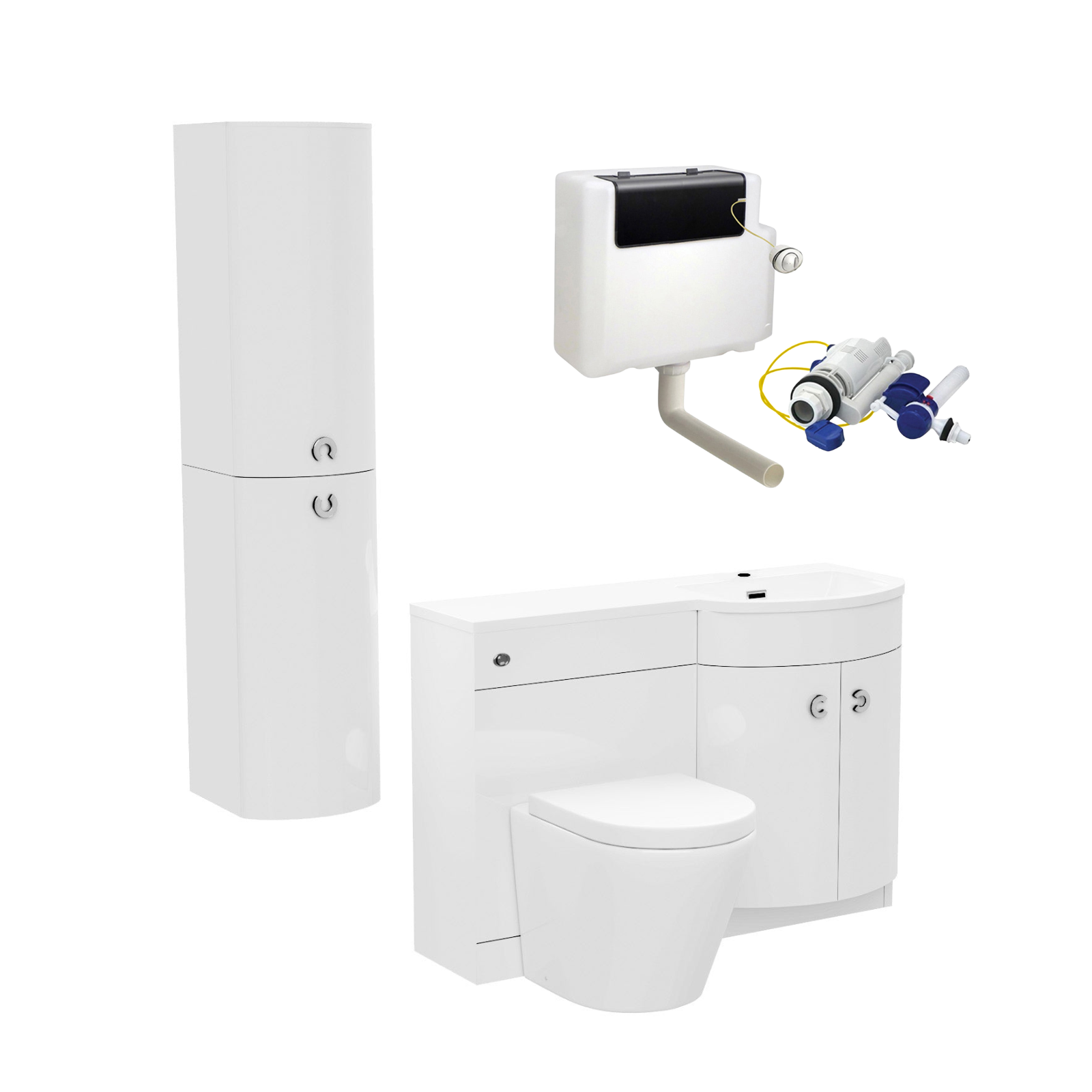 Dene 1100mm RH White Bathroom Vanity with WC, BTW Rimless Toilet & Wall Hung Cabinet