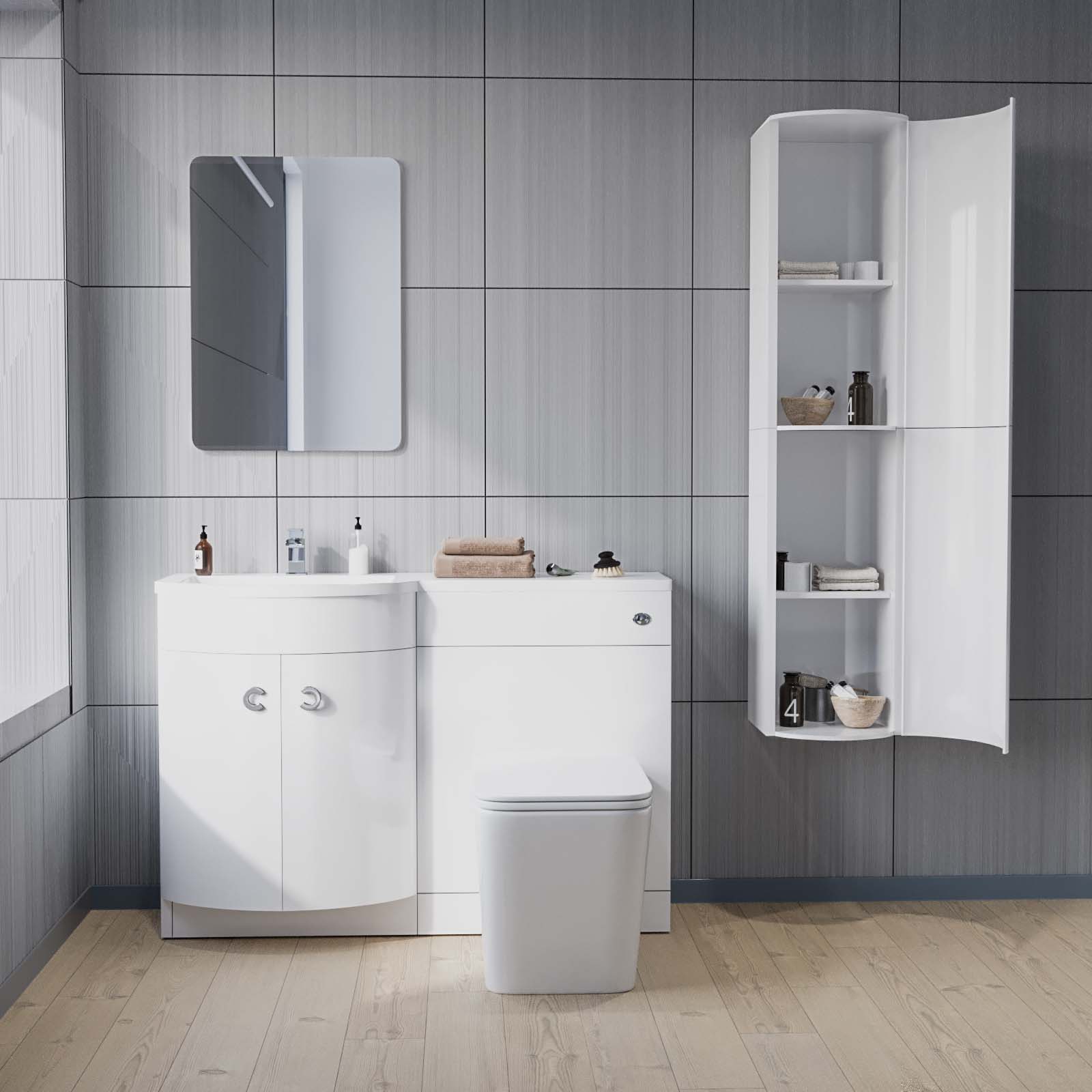 Dene 1100 mm FP P-Shape White LH Basin Vanity, Rimless Toilet & Wall Hung Cabinet
