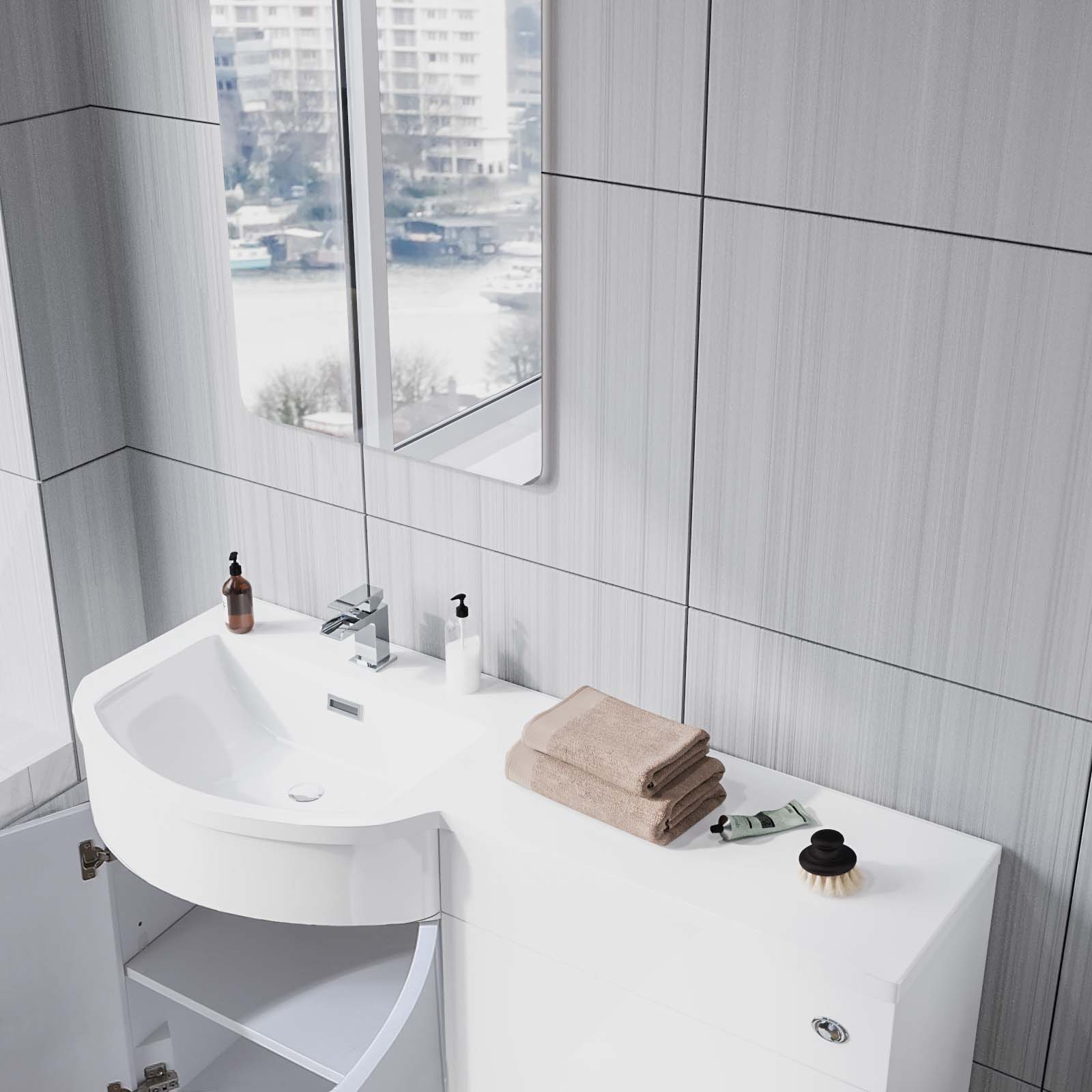 Dene 1100 mm FP P-Shape White LH Basin Vanity, Rimless Toilet & Wall Hung Cabinet