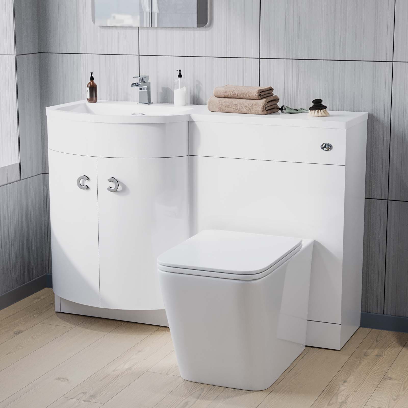 Dene 1100 mm FP P-Shape White LH Basin Vanity, Rimless Toilet & Wall Hung Cabinet