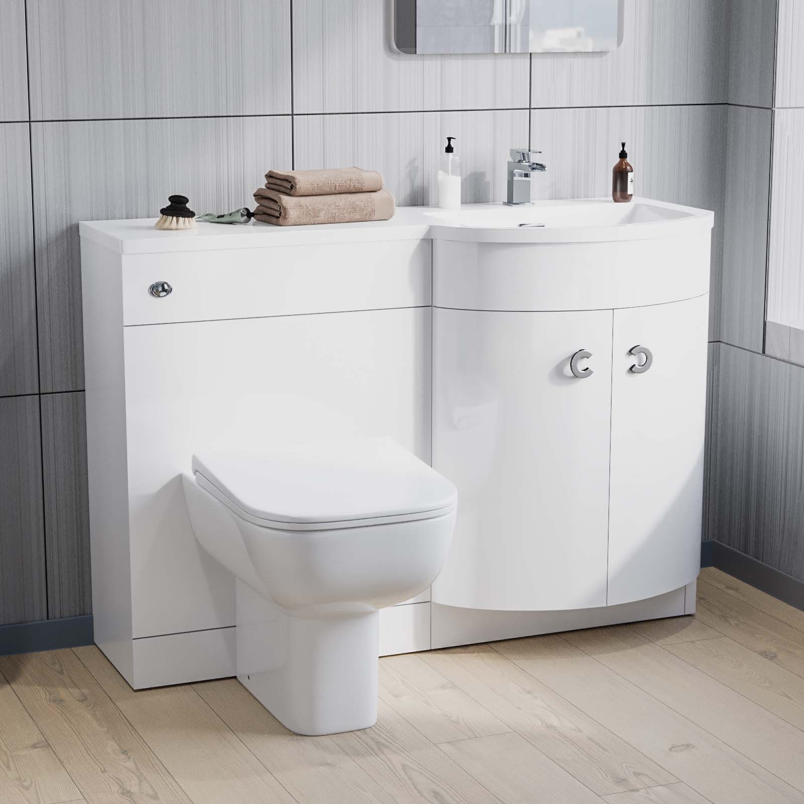 Dene 1100 mm P-Shape White RH Basin Vanity Unit, Toilet & Wall Hung Cabinet Flat Pack