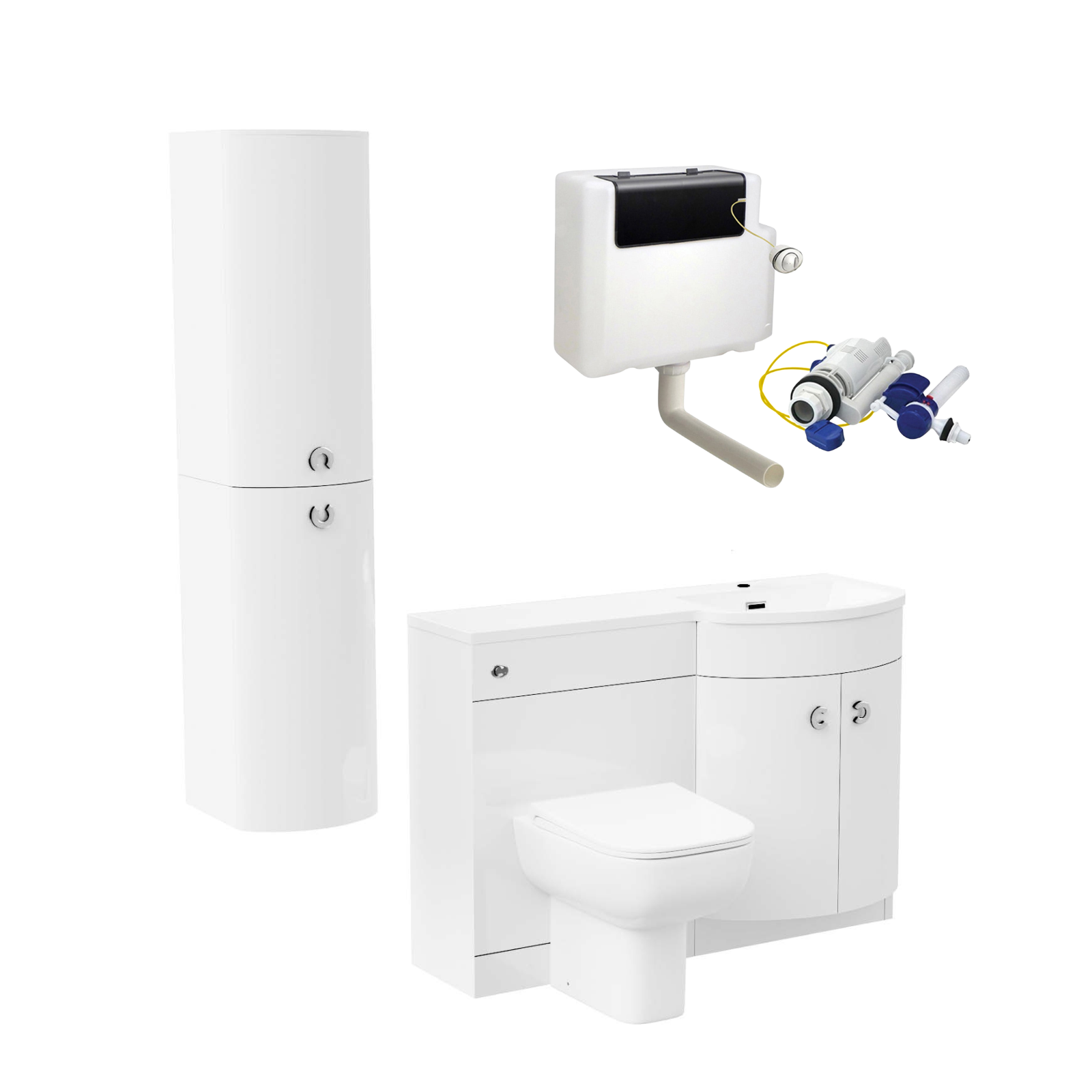 Dene 1100 mm P-Shape White RH Basin Vanity Unit, Toilet & Wall Hung Cabinet Flat Pack