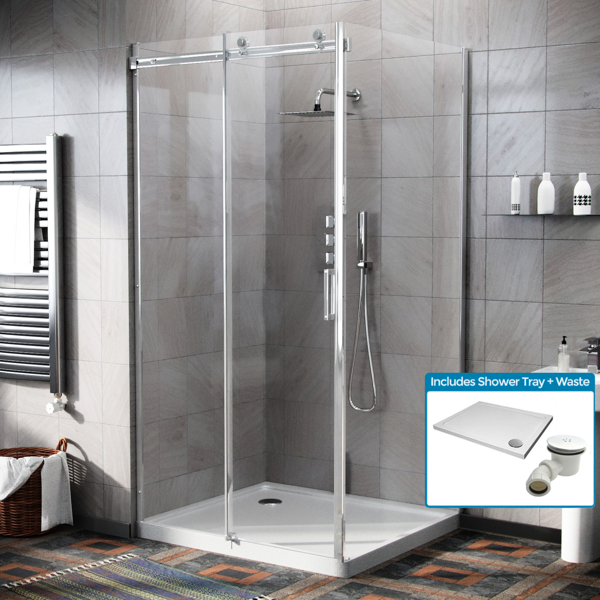 Hardwick 1000mm x 900mm Frameless Sliding Shower Door Enclosure + Tray & Waste