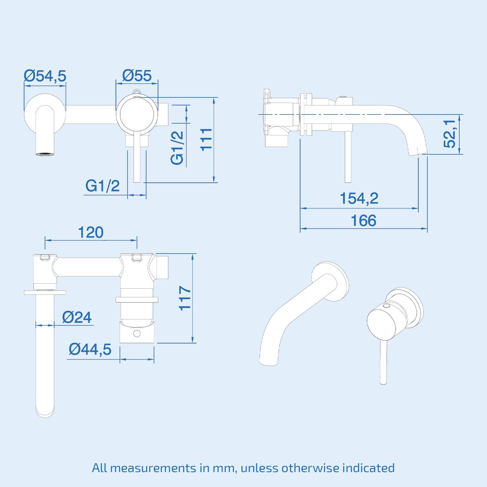 Eydon Bathroom Brushed Brass Mono Basin Sink Tap Wall Mounted With Waste