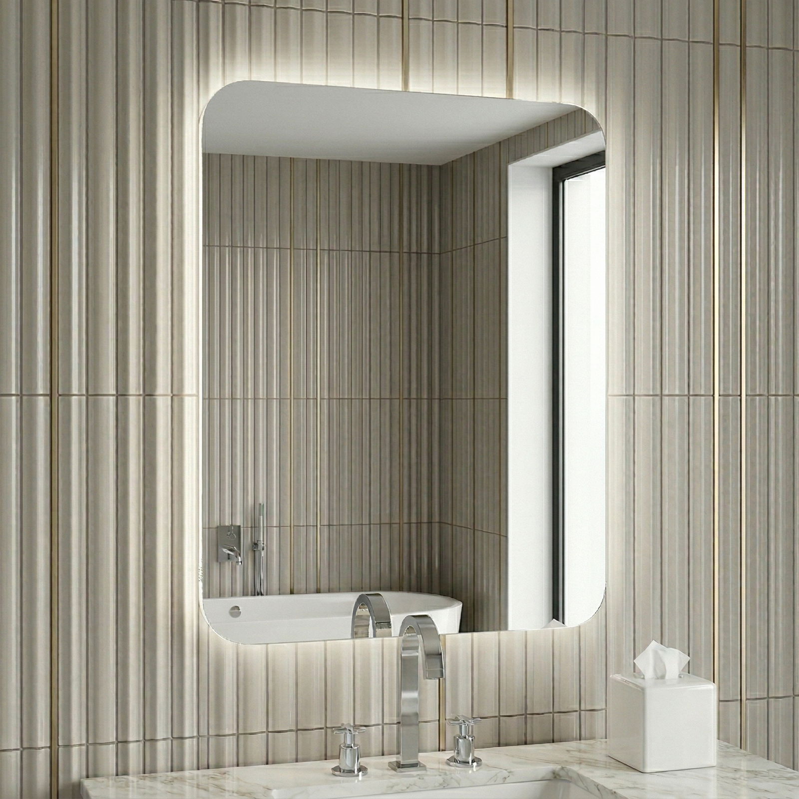Kartell Garda 500mm W x 700mm H Rectangle Chrome Frameless Back Lid LED Mirror Wall Mounted with Charger Socket - GA5070