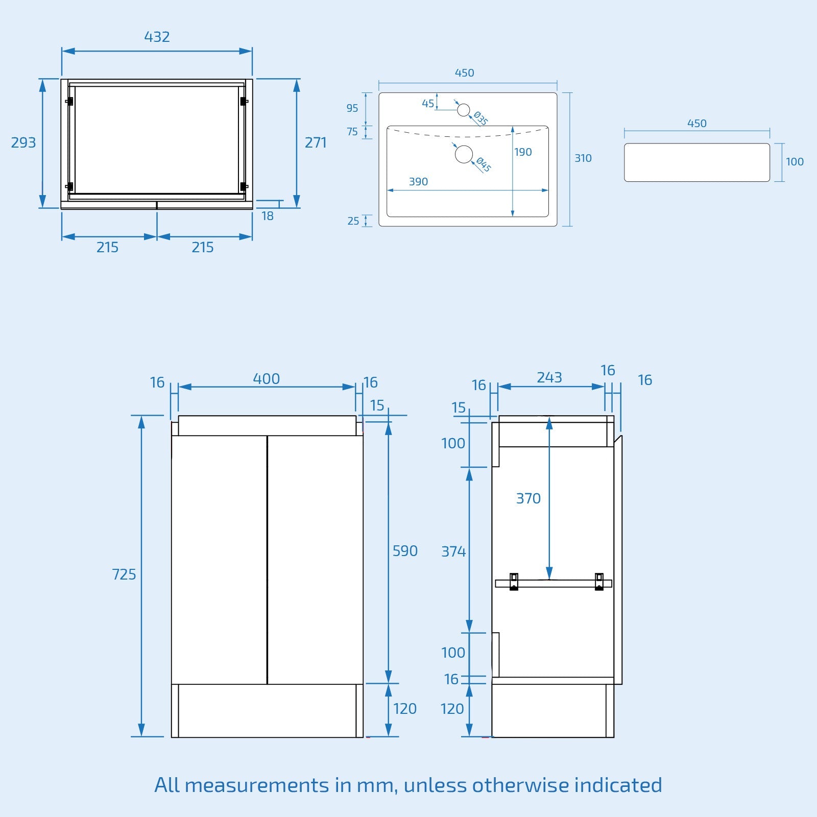 Nanuya 450mm Freestanding 2 doors Basin Vanity Unit  White Flat Pack
