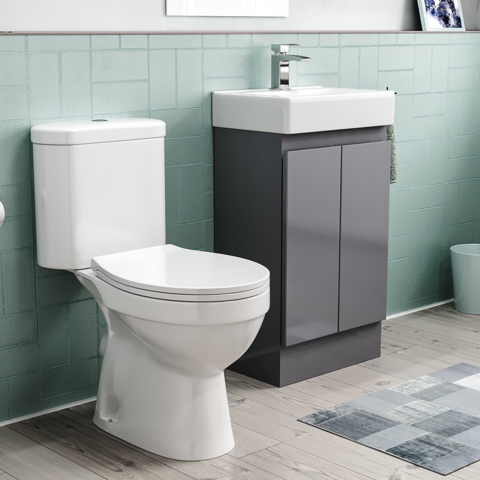 Alaska Flat Pack 450mm Steel Grey Basin Vanity & Close Coupled Toilet Set