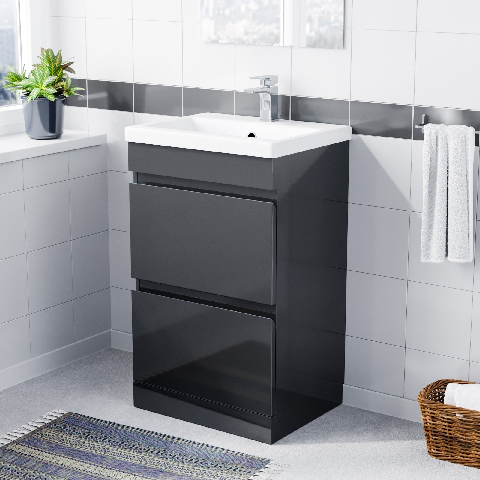 Alaska 500mm PVC Freestanding Basin Vanity Unit 2 Drawers Handless Dark Grey