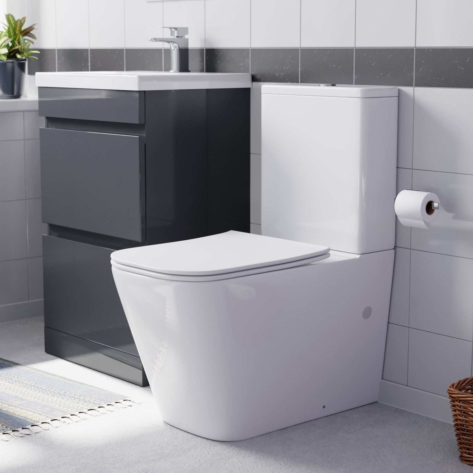 Modern bathroom with a toilet and vanity sink unit