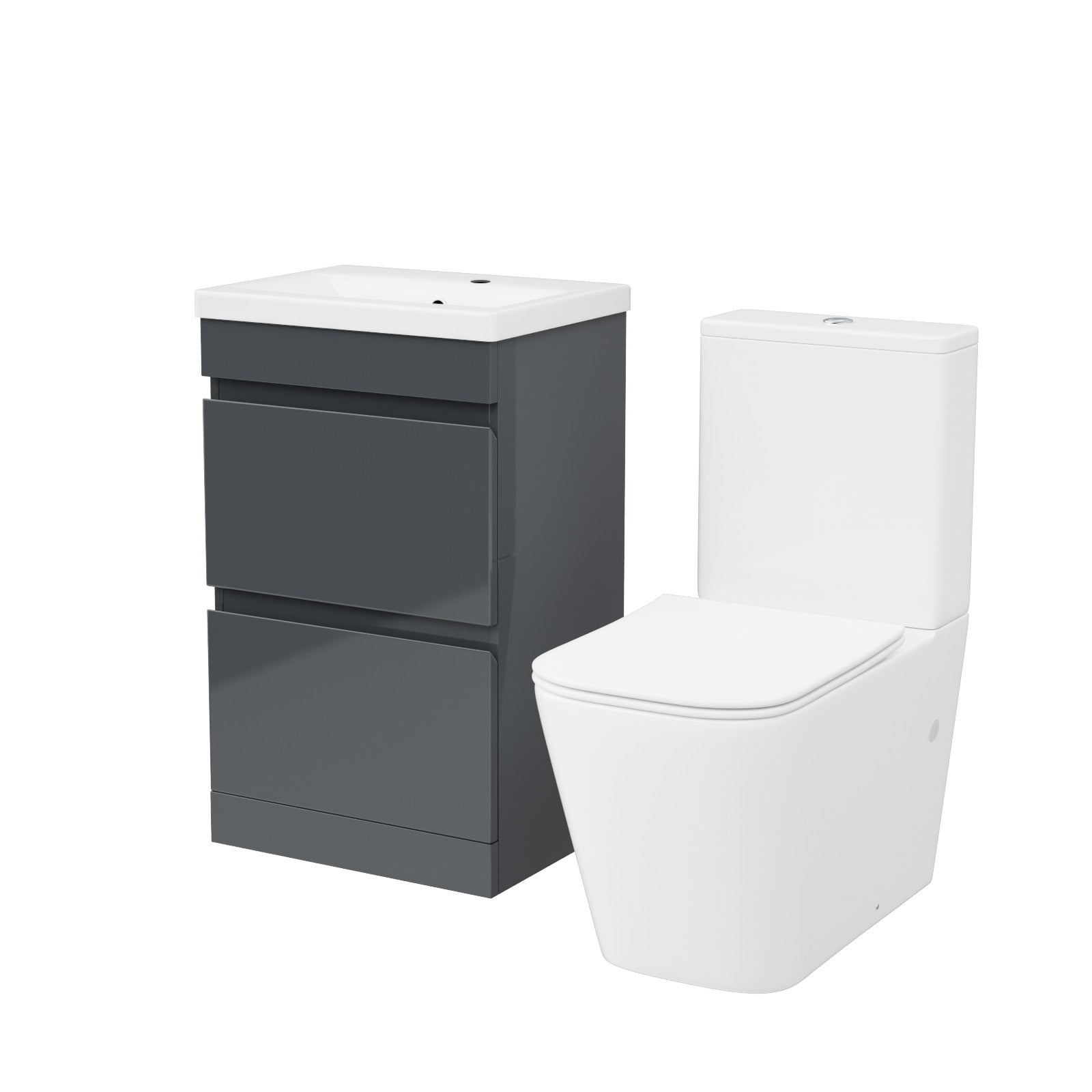 Gray vanity unit with white sink and white toilet