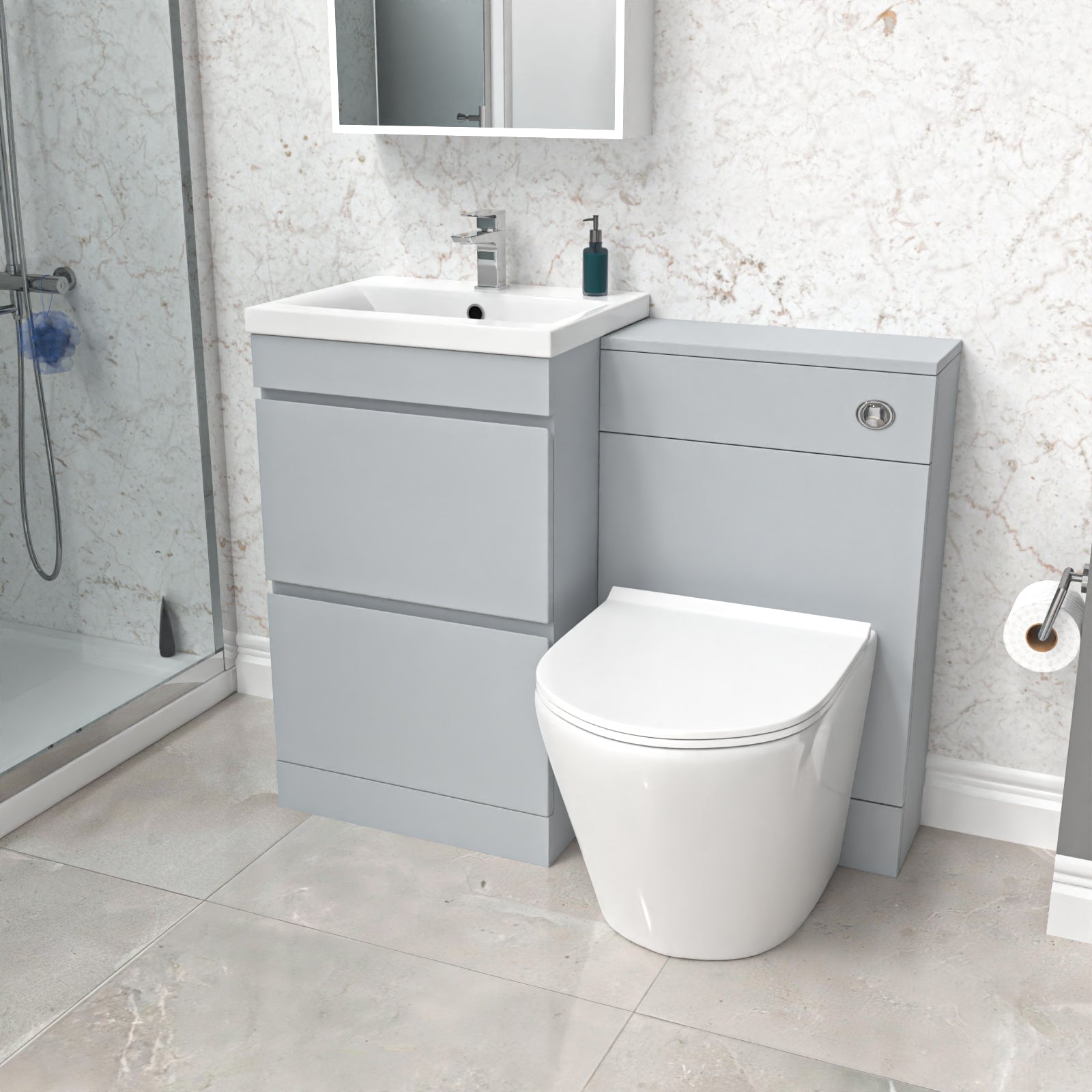 Alaska Matte Grey 500mm 2 Drawers Vanity, WC Unit & White Round BTW Toilet