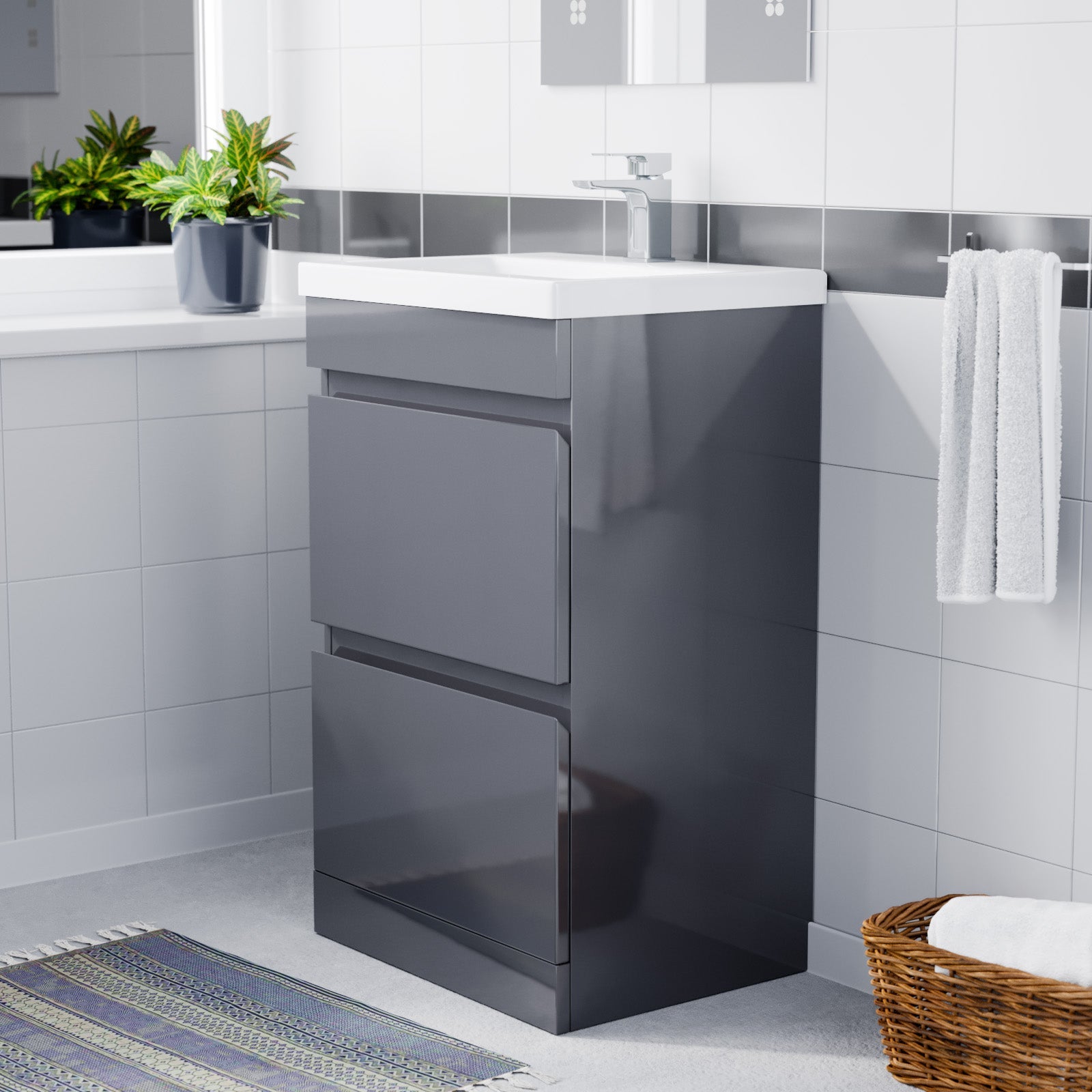 Alaska 500mm Floor Standing Basin Vanity Unit 2 Drawers Handless Steel Grey