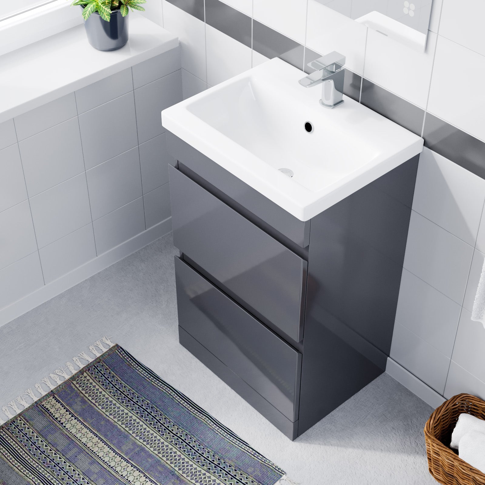 Alaska 500mm Floor Standing Basin Vanity Unit 2 Drawers Handless Steel Grey