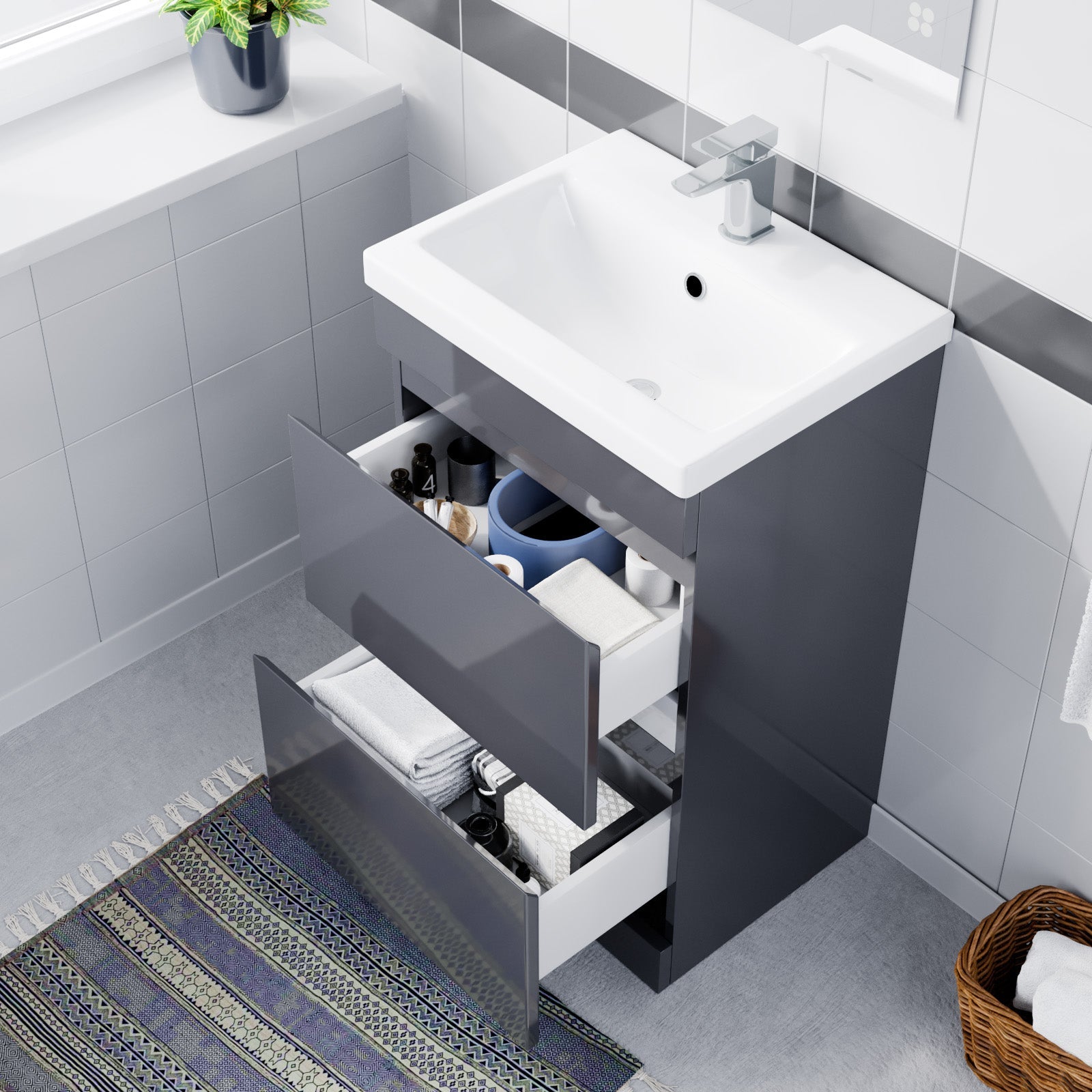 Alaska 500mm Floor Standing Basin Vanity Unit 2 Drawers Handless Steel Grey