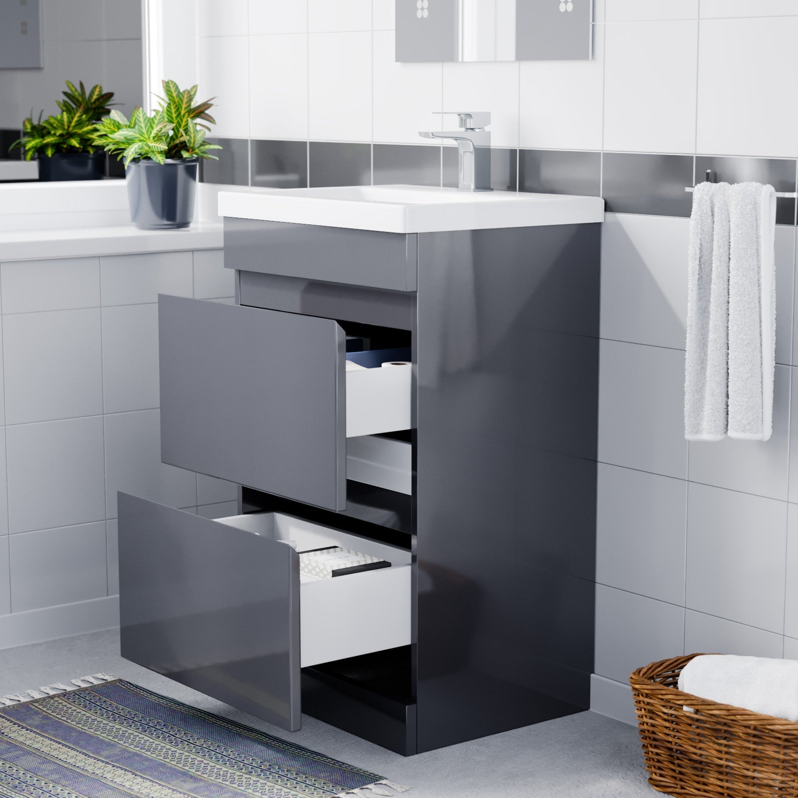 Alaska 500mm Floor Standing Basin Vanity Unit 2 Drawers Handless Steel Grey