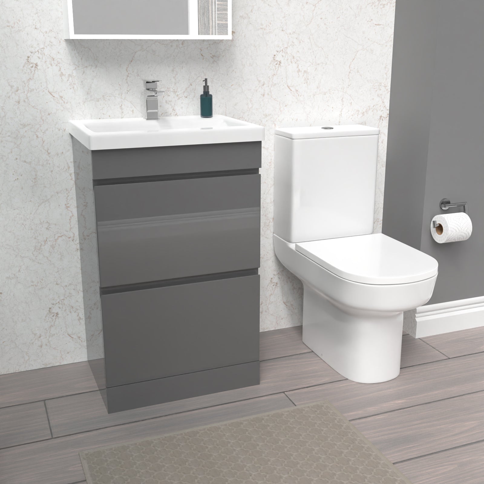 Alaska 500mm Steel Grey 2 Drawers Basin Vanity  & Rimless Close Couple Toilet