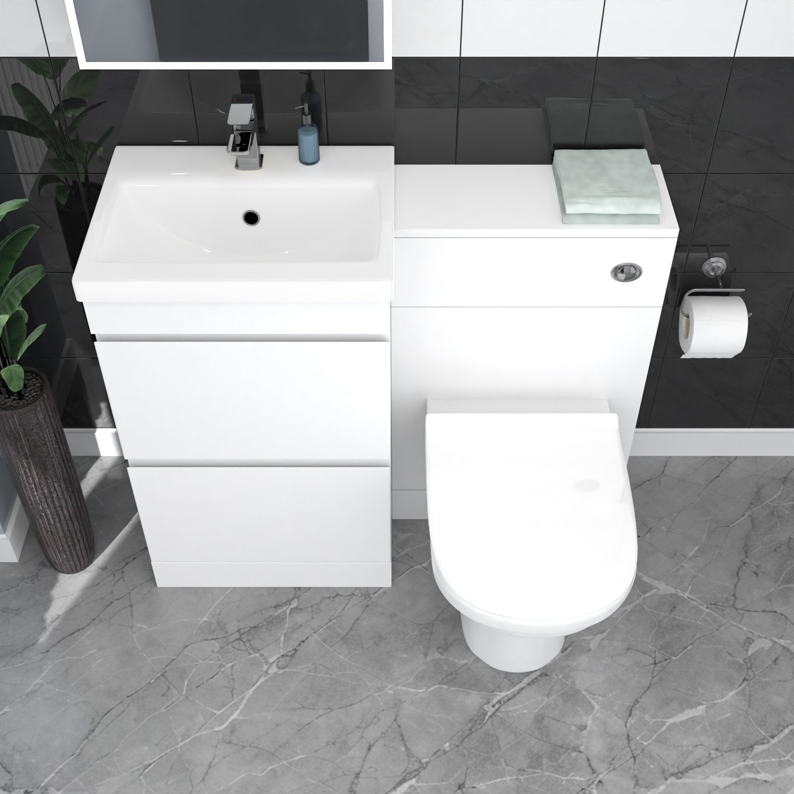 Alaska White Floor Standing 500mm Vanity Unit 2 Drawers, WC Unit & BTW Toilet